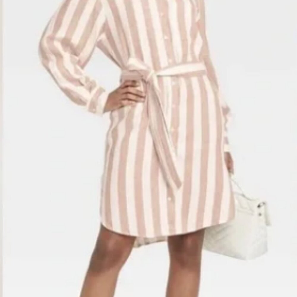 A New Day Blush Pink & White Striped Button Down Belted Dress Linen Women's XS